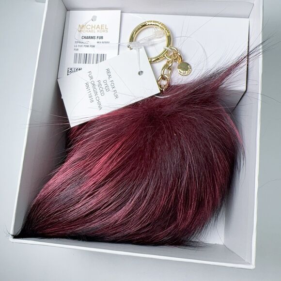 Michael Kors Large Fox Fur Pom Pom In Mulberry Gold Hardware Keychain Box Charms - Picture 2 of 5